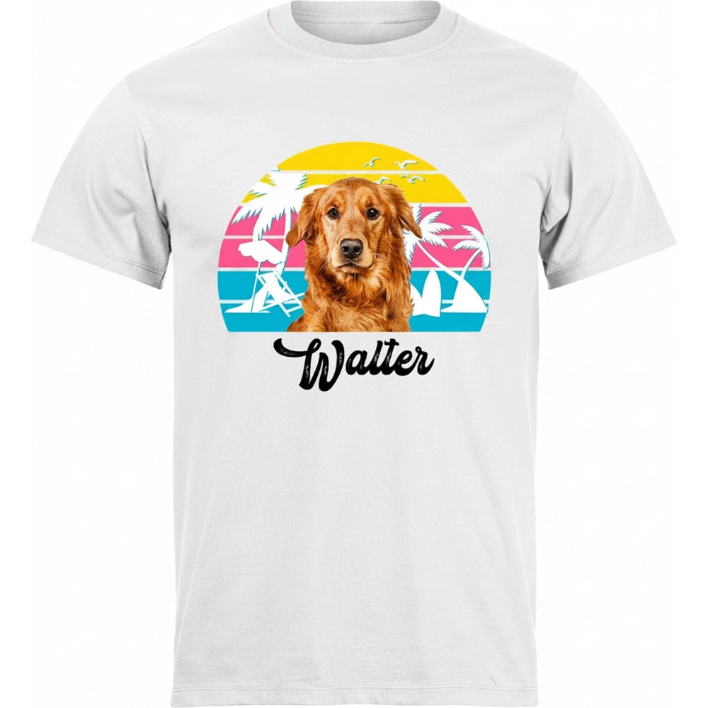 Custom Photo Upload T-Shirt with Tropical Sunset & Palm Trees product on white background