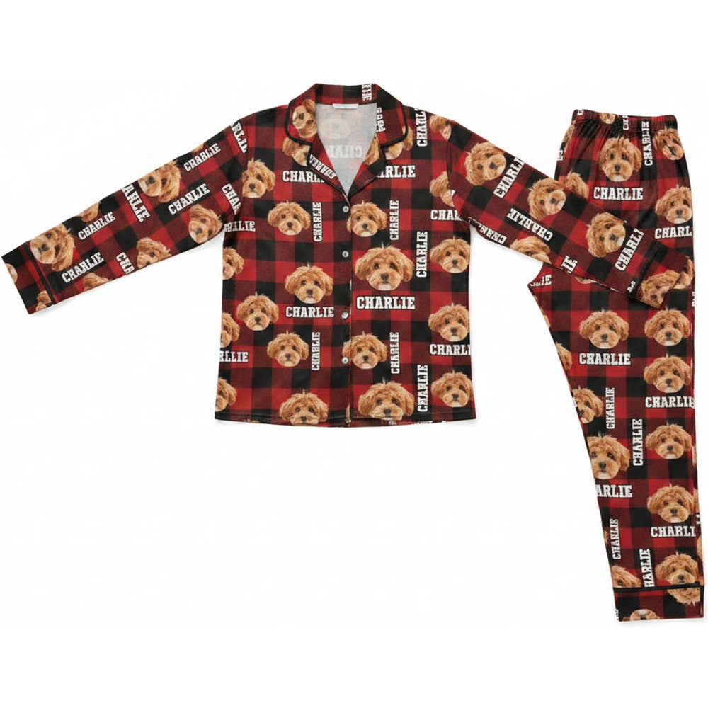 Custom Photo Upload Pajamas with Buffalo Plaid and Dog Faces product on white background
