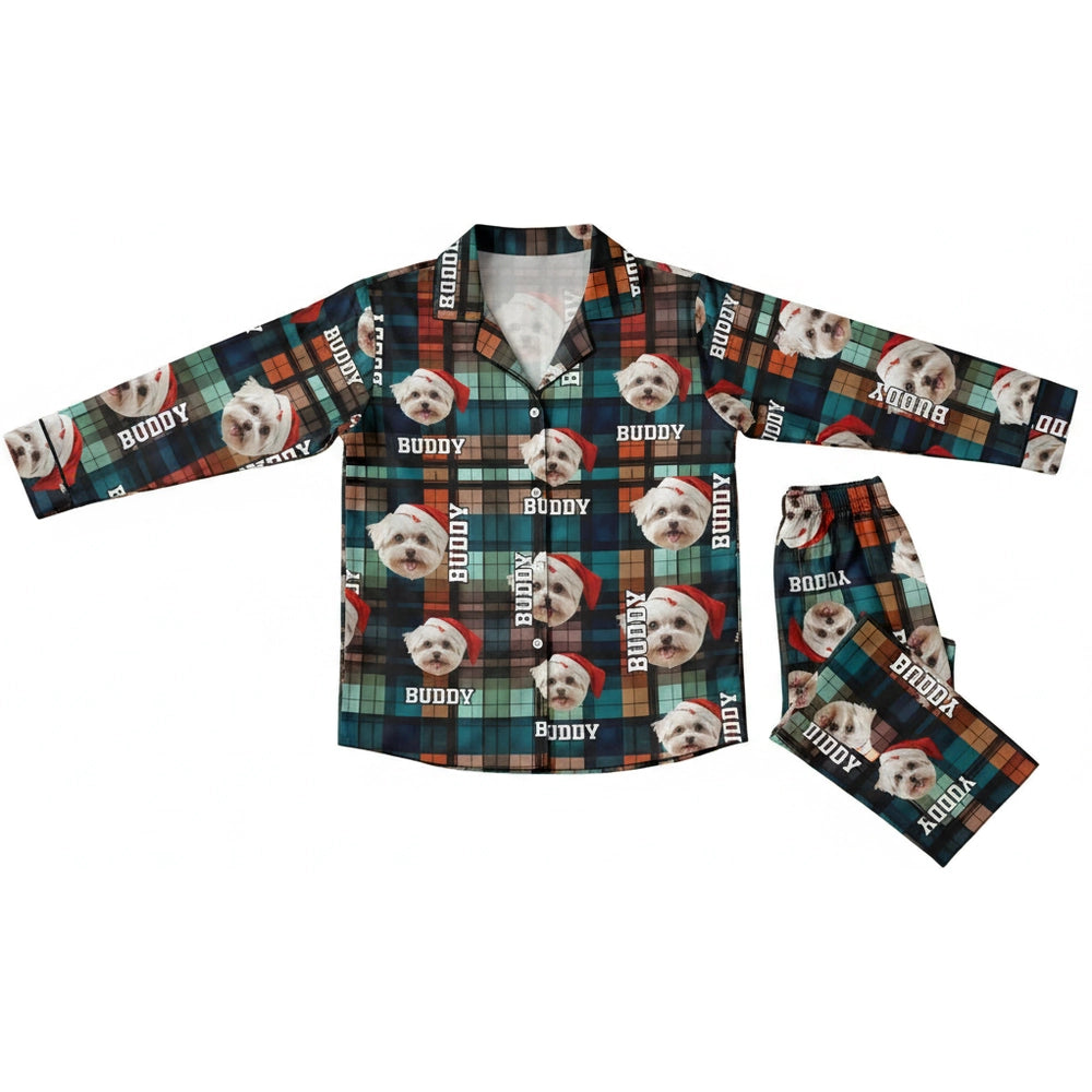 Custom Photo Upload Pajamas with Dog Faces on Plaid Pattern product on white background