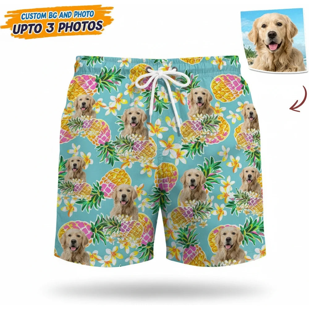 Custom Photo Upload Beach Shorts with Pineapples & Tropical Flowers product on white background