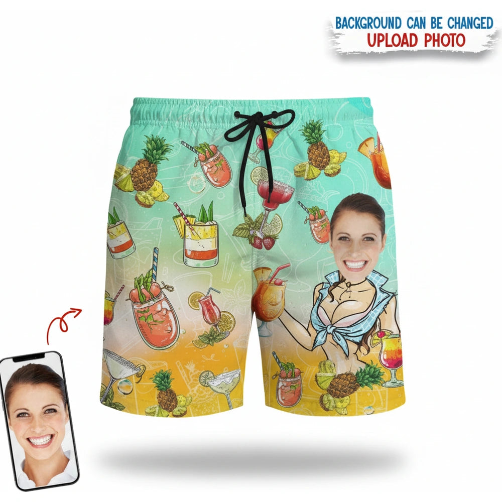 Custom Photo Upload Beach Shorts with Tropical Cocktails & Pineapples product on white background