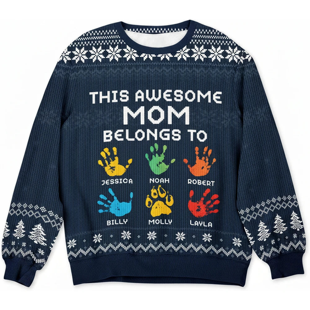 Custom Personalized Sweater with Colorful Handprints & Snowflakes product on white background