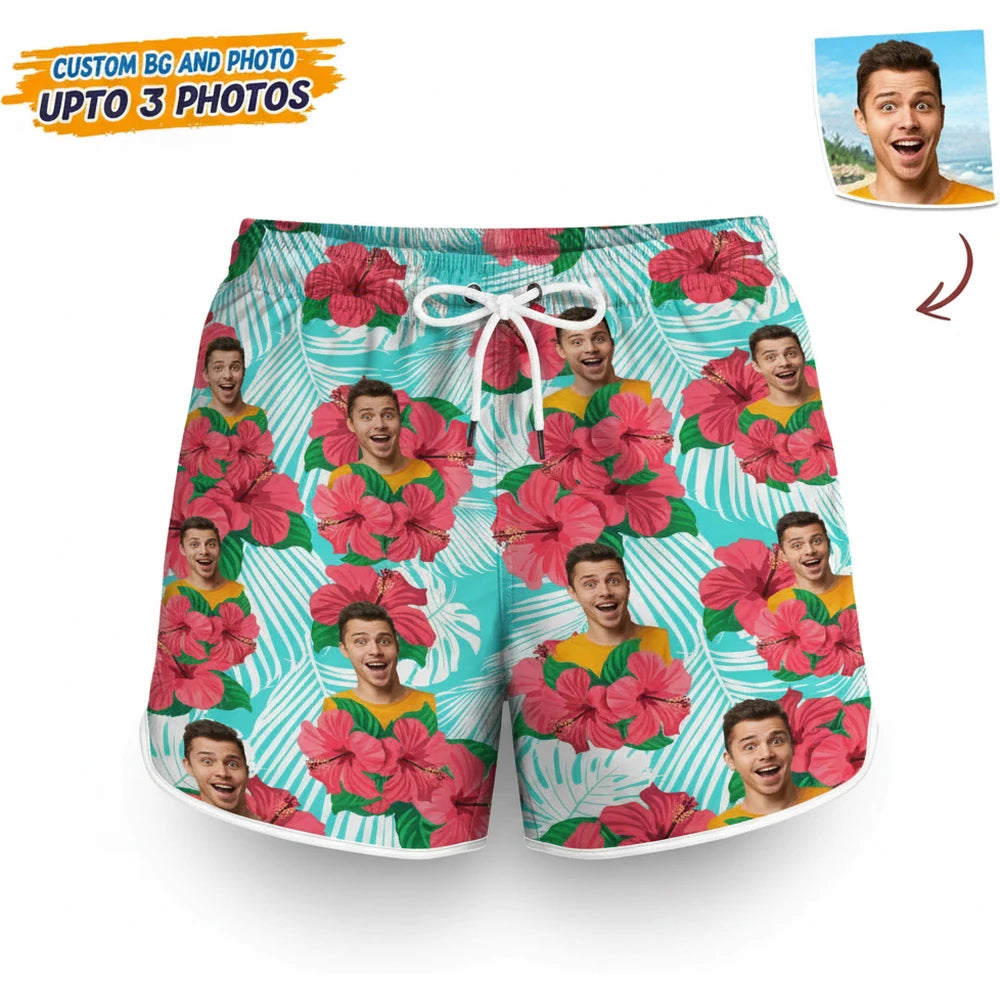 Custom Photo Upload Beach Shorts with Tropical Hibiscus Flowers product on white background