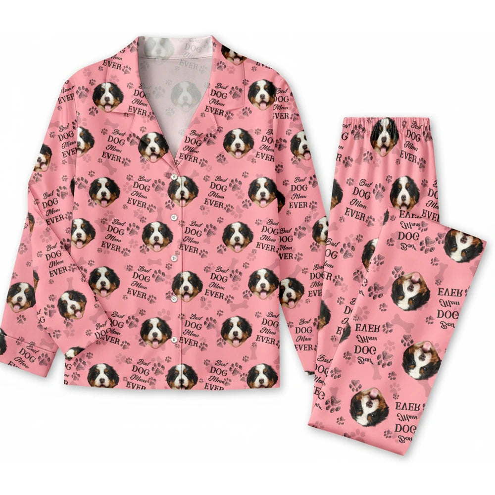 Custom Photo Upload Pajamas Best Dog Mom Ever Pink Paw Print product on white background