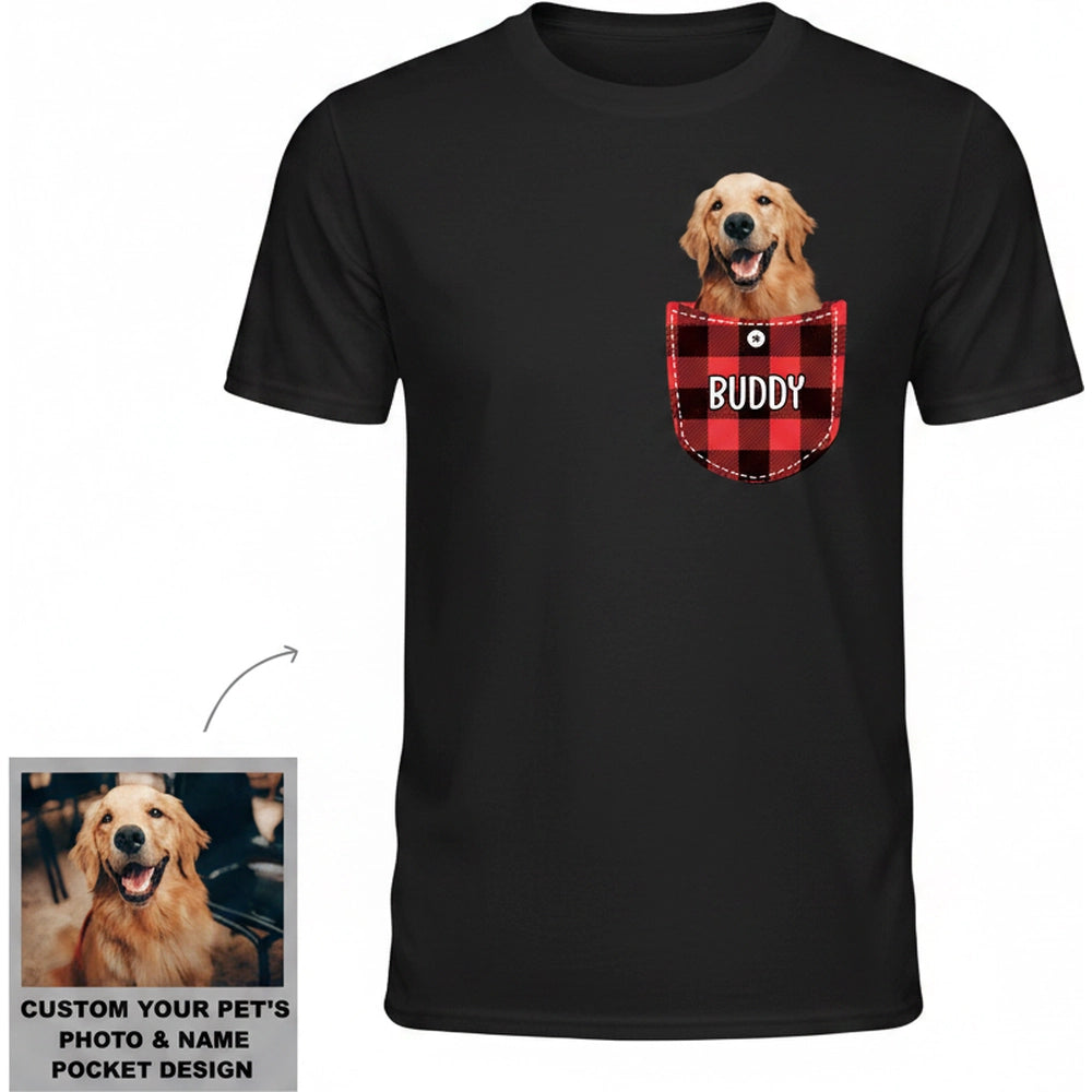 Custom Photo Upload T-Shirt with Buffalo Plaid Pocket Design product on white background
