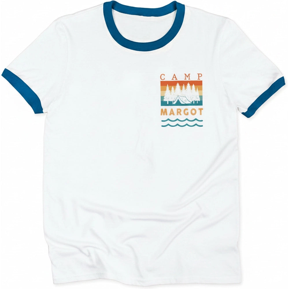 Custom Personalized Camp Margot T-Shirt with Tent & Pine Trees product on white background