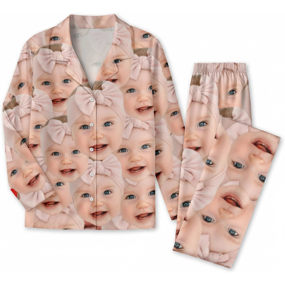 Custom Photo Upload Pajamas with Baby Faces and Pink Bows product on white background