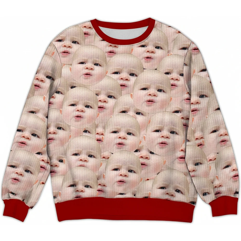 Custom Photo Upload Face Print Sweater with Red Trim product on white background