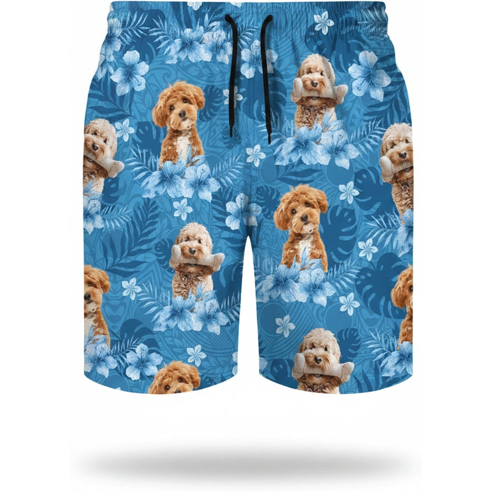 Custom Photo Upload Beach Shorts with Tropical Flowers & Palm Leaves product on white background