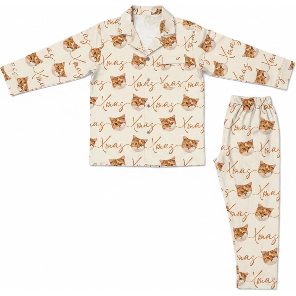 Custom Photo Upload Pajamas with Cat Faces and Xmas Text product on white background