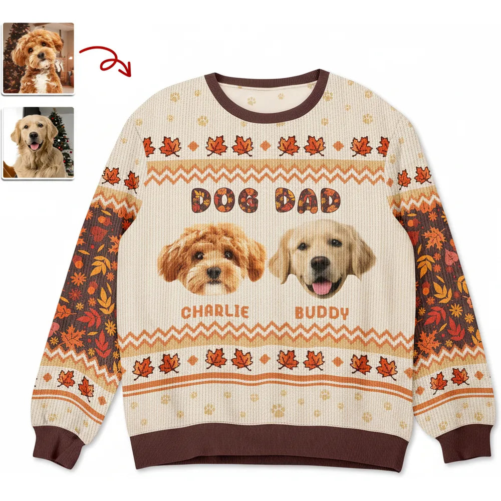 Custom Photo Upload Dog Dad Sweater with Autumn Leaves & Paw Prints product on white
