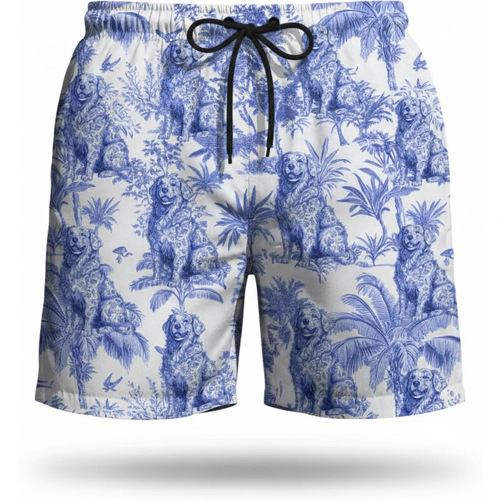 Custom Photo Beach Shorts with Blue Toile Palm & Floral Print product on white background