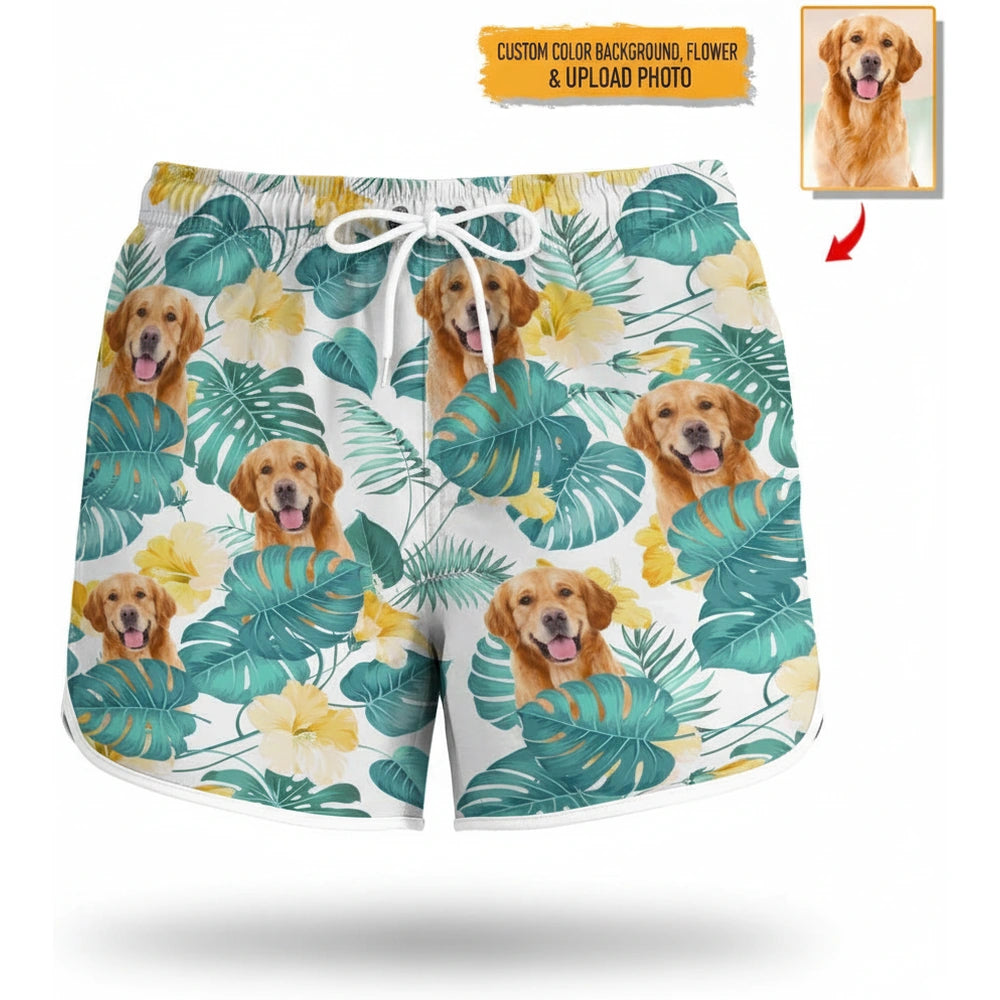 Custom Photo Upload Beach Shorts with Tropical Leaves & Flowers product on white background