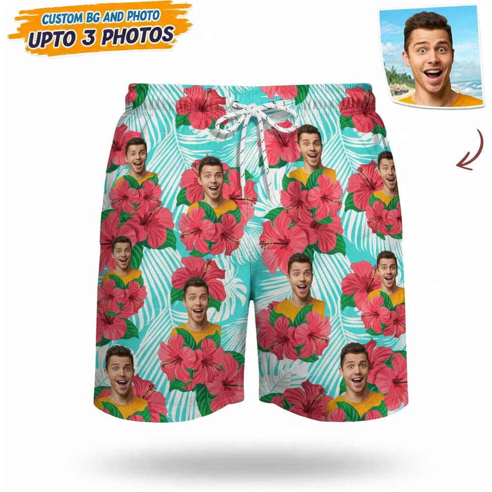 Custom Photo Upload Beach Shorts with Hibiscus Flowers product on white background