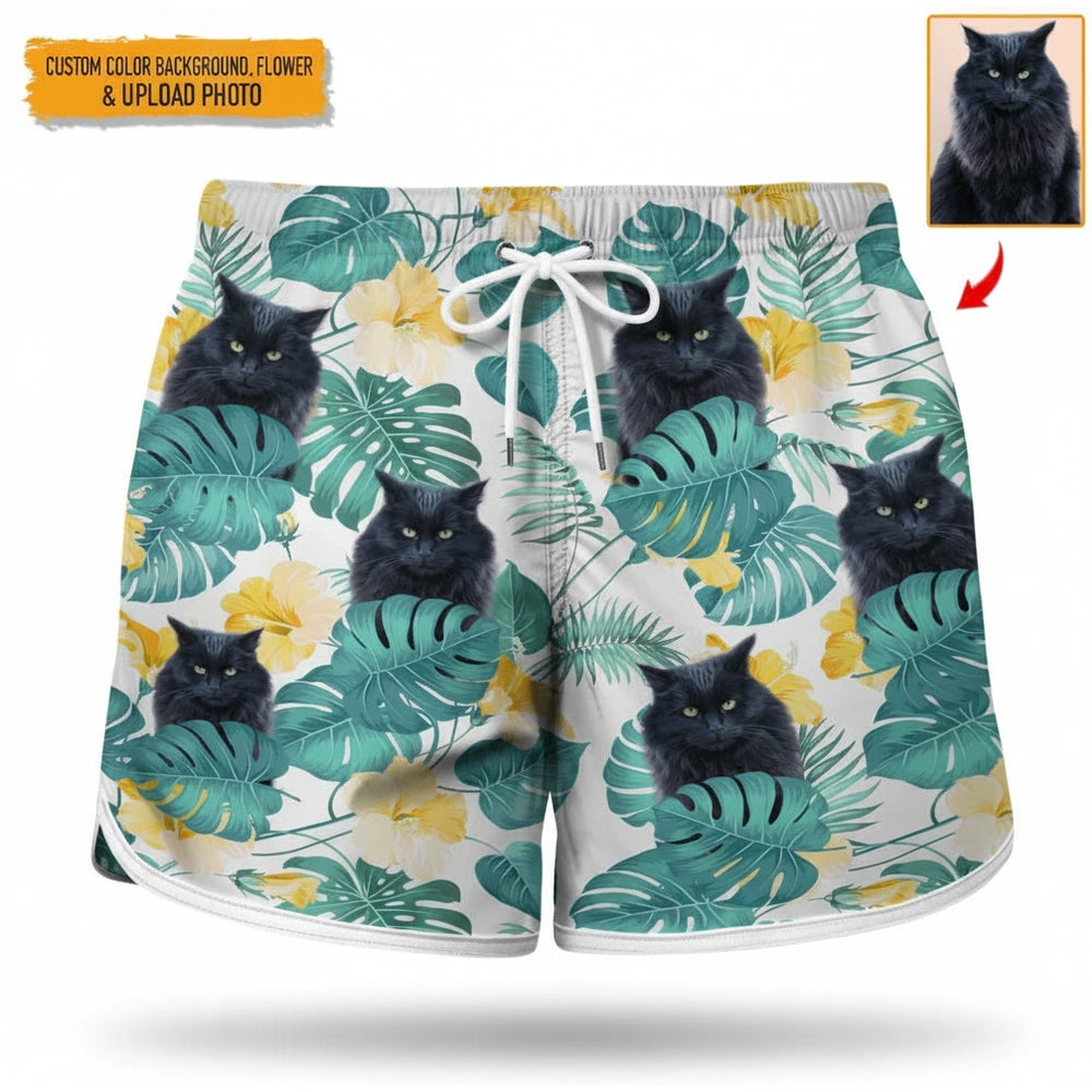 Custom Photo Upload Beach Shorts with Tropical Leaves & Flowers product on white background
