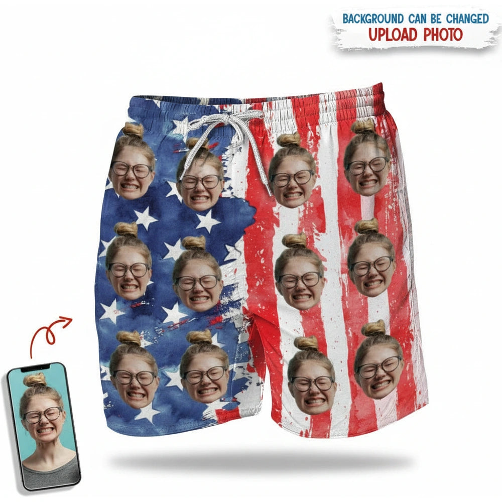 Custom Photo Upload Beach Shorts with American Flag Design product on white background