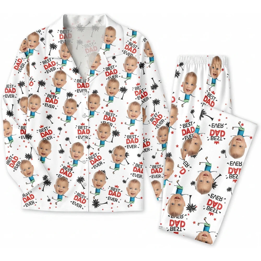 Custom Photo Upload Pajamas with Best Dad Ever Text & Palm Trees product on white