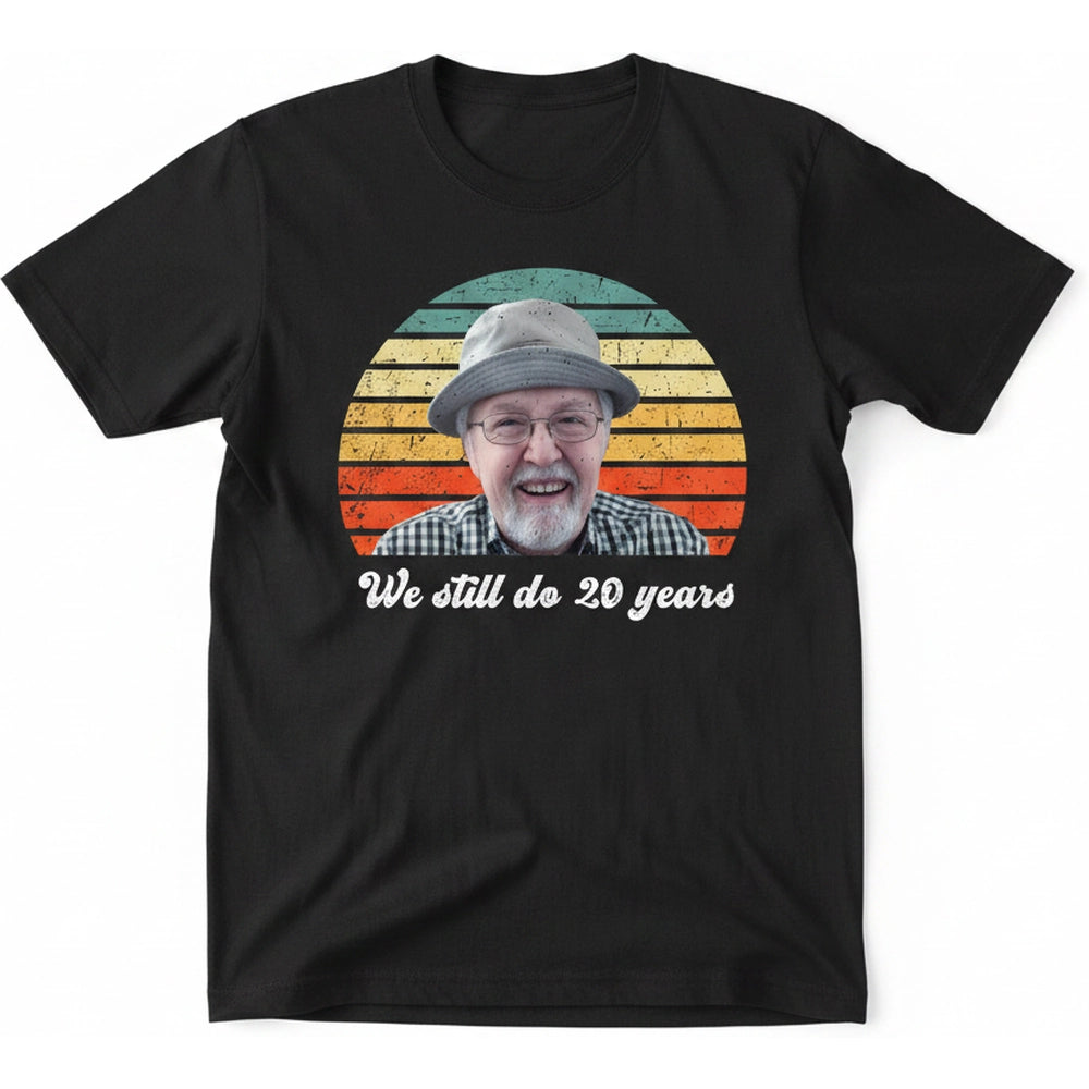 Custom Photo Upload T-Shirt with Retro Sunset Stripes product on white background