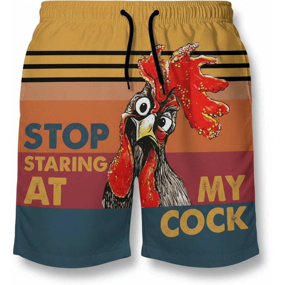 Custom Photo Upload Beach Shorts with Rooster Stop Staring At My Cock product on white