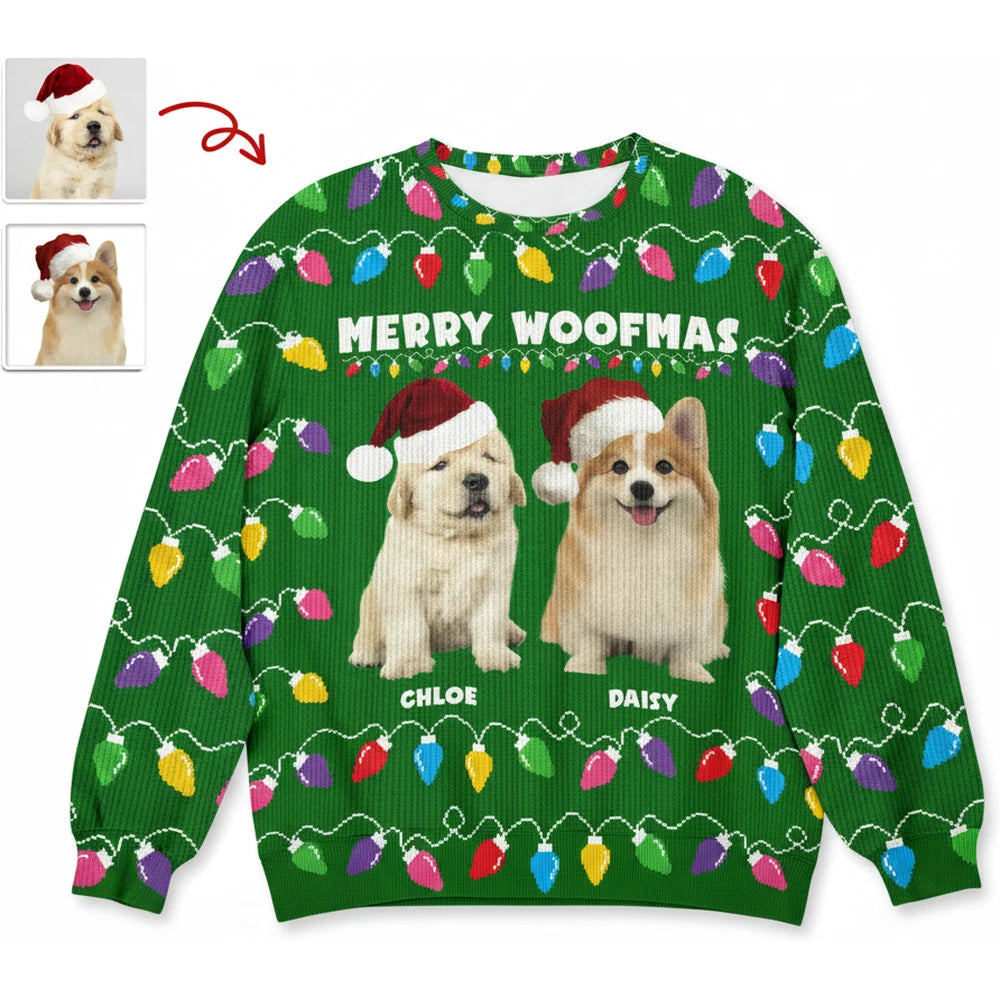 Custom Photo Upload Merry Woofmas Sweater with Christmas Lights product on white background