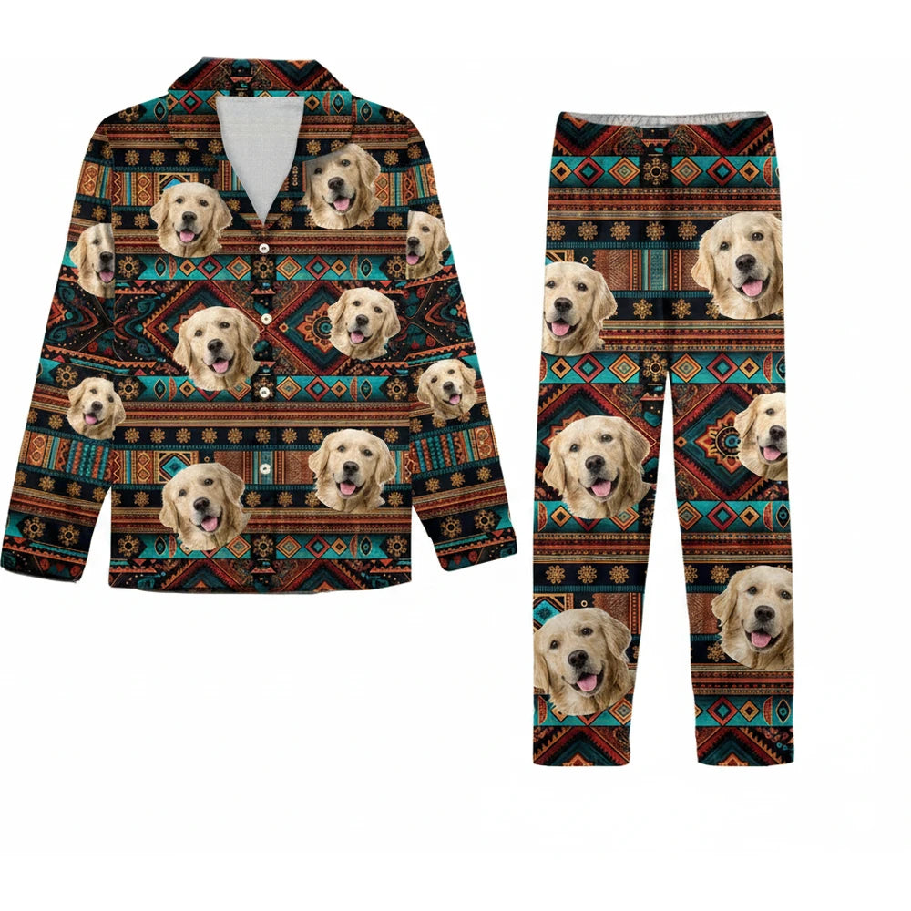Custom Photo Upload Pajamas with Tribal Pattern & Pet Faces product on white background
