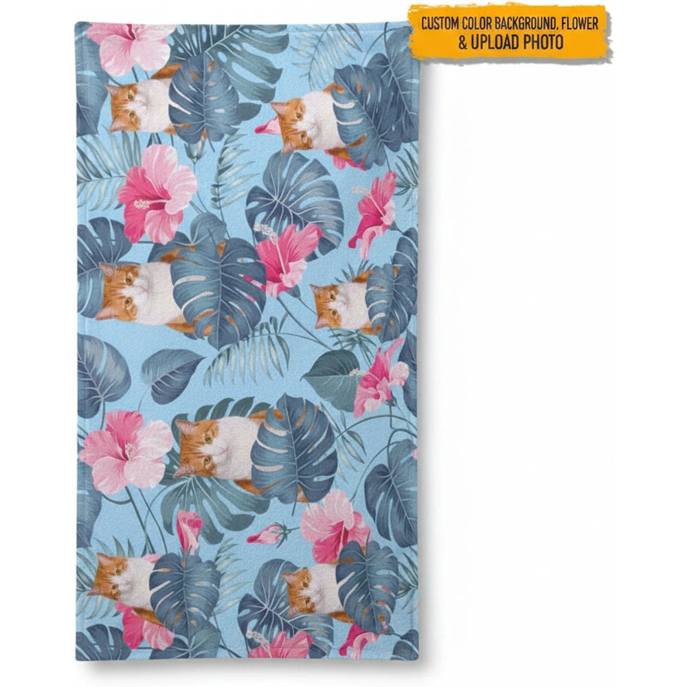 Custom Photo Upload Beach Towel with Tropical Flowers & Monstera Leaves product on white background