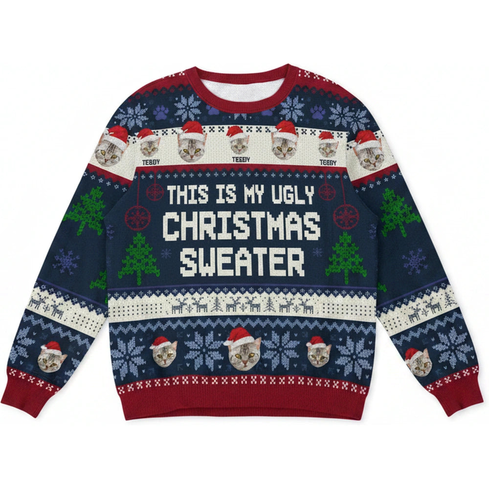 Custom Photo Upload This Is My Ugly Christmas Sweater with Cats product on white background