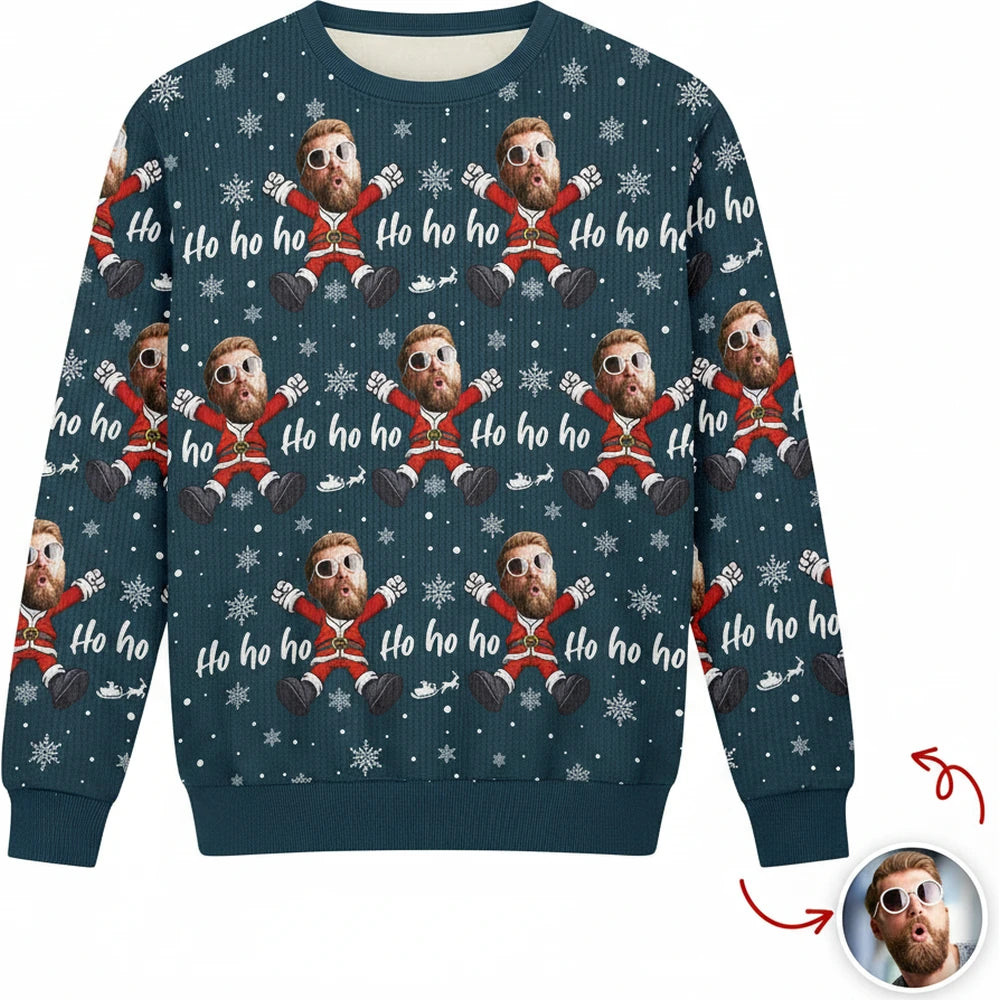 Custom Photo Upload Ho Ho Ho Sweater with Snowflakes & Santa Suit product on white