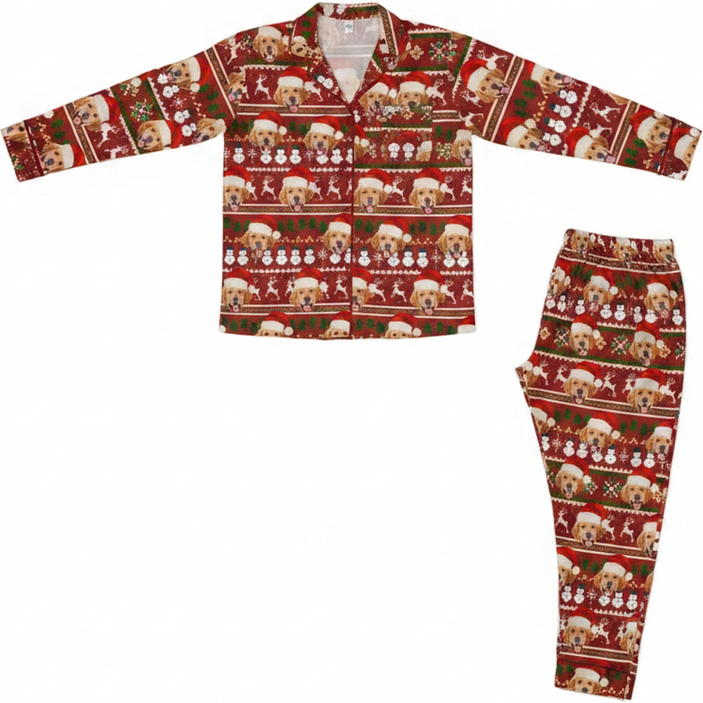 Custom Photo Upload Pajamas with Golden Retriever Holiday Pattern product on white background