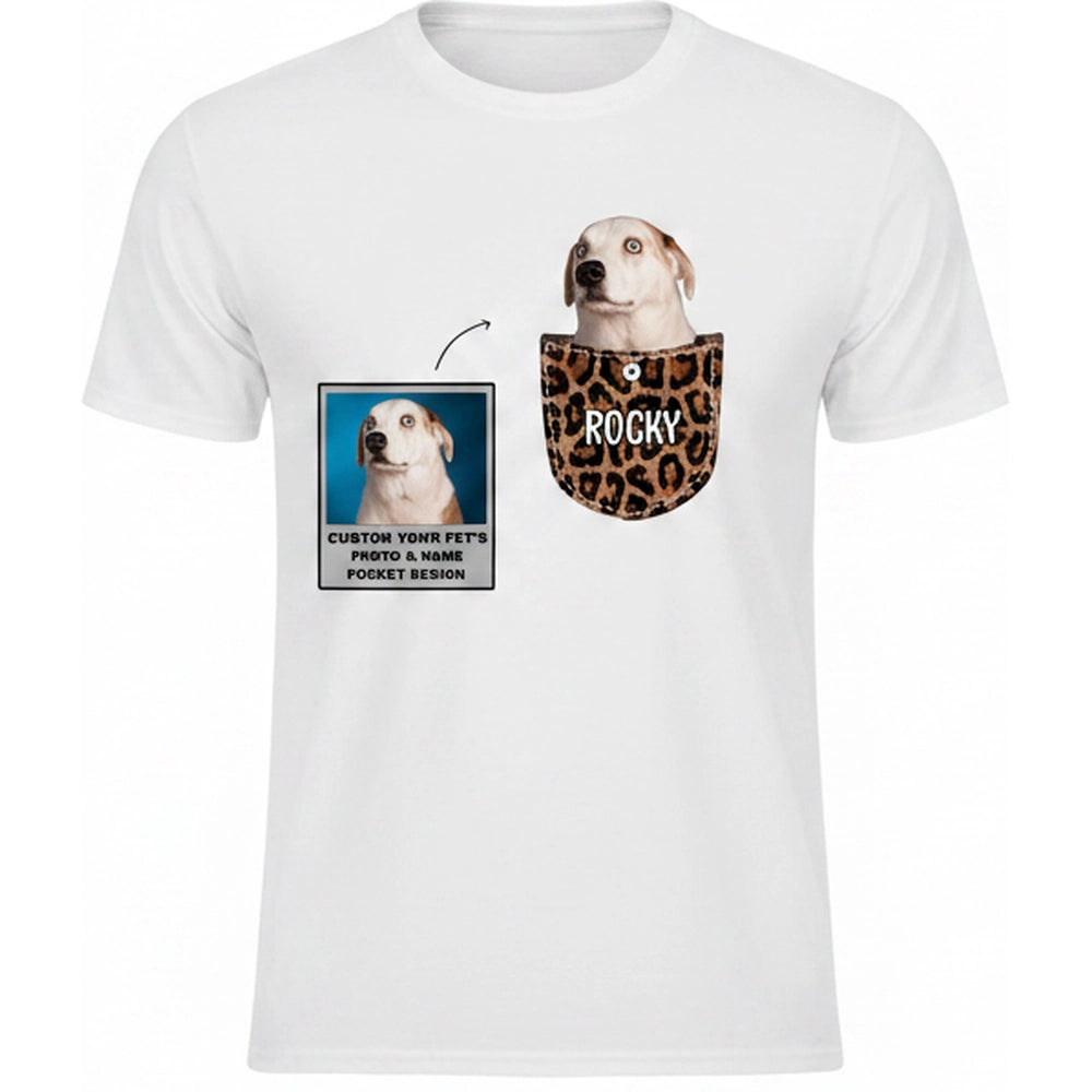 Custom Photo Upload T-Shirt with Leopard Print Pocket product on white background