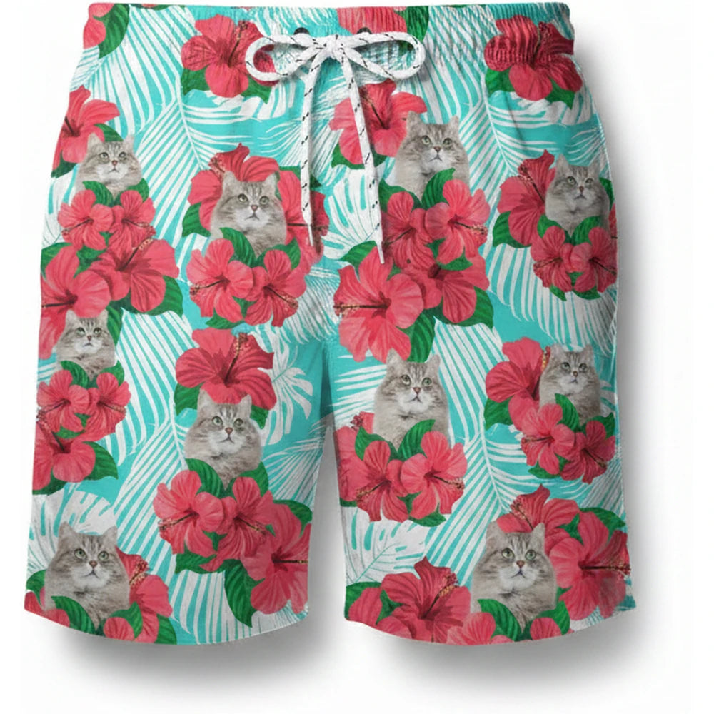 Custom Photo Upload Beach Shorts with Hibiscus Flowers & Cats product on white background