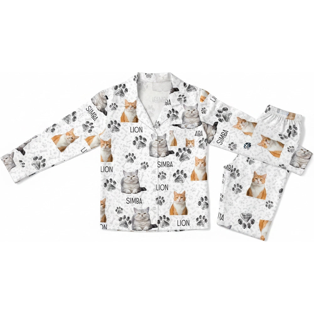 Custom Photo Upload Pajamas with Cat Photos & Paw Prints product on white background
