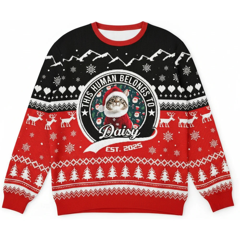 Custom Photo Upload This Human Belongs To Sweater with Reindeer product on white background