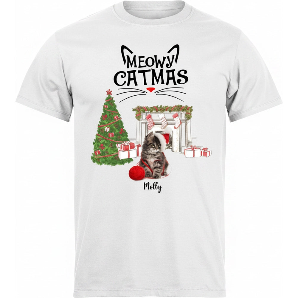 Custom Photo Upload Meowy Catmas T-Shirt with Christmas Tree product on white background