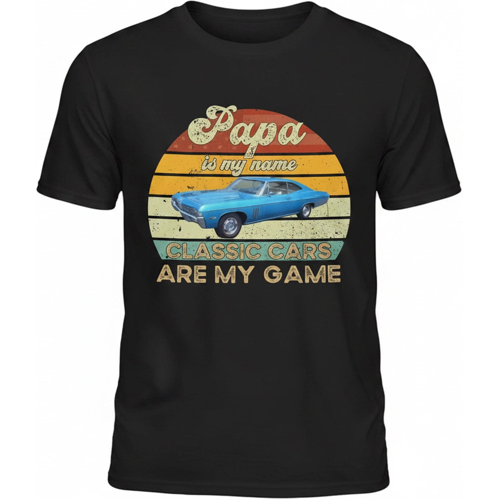 Custom Personalized T-Shirt with Vintage Sunset and Classic Car product on white background
