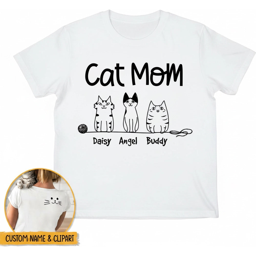 Custom Personalized Cat Mom T-Shirt with Three Cats product on white background
