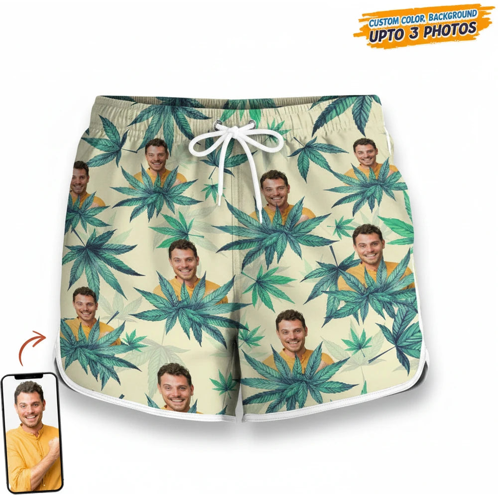 Custom Photo Upload Beach Shorts with Tropical Palm Leaves product on white background