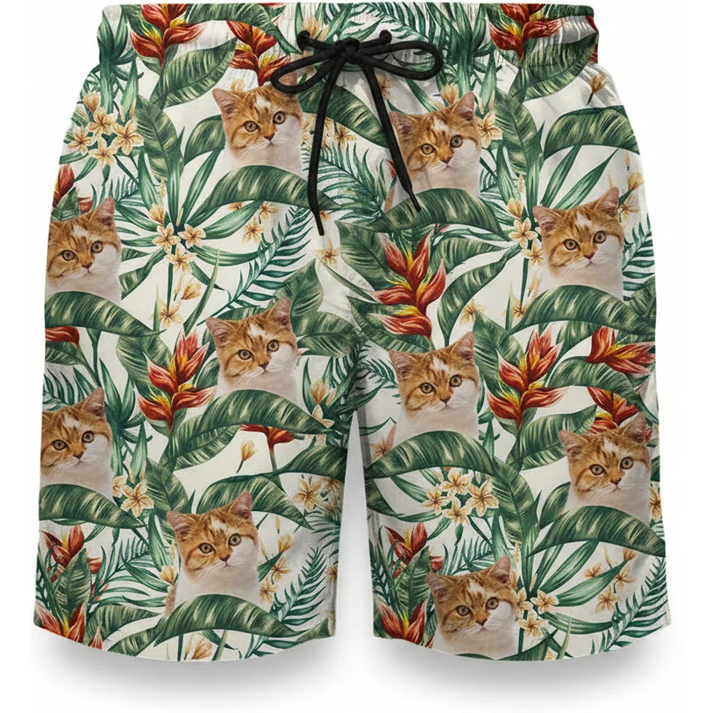 Custom Photo Upload Beach Shorts with Tropical Leaves & Cat Faces product on white background