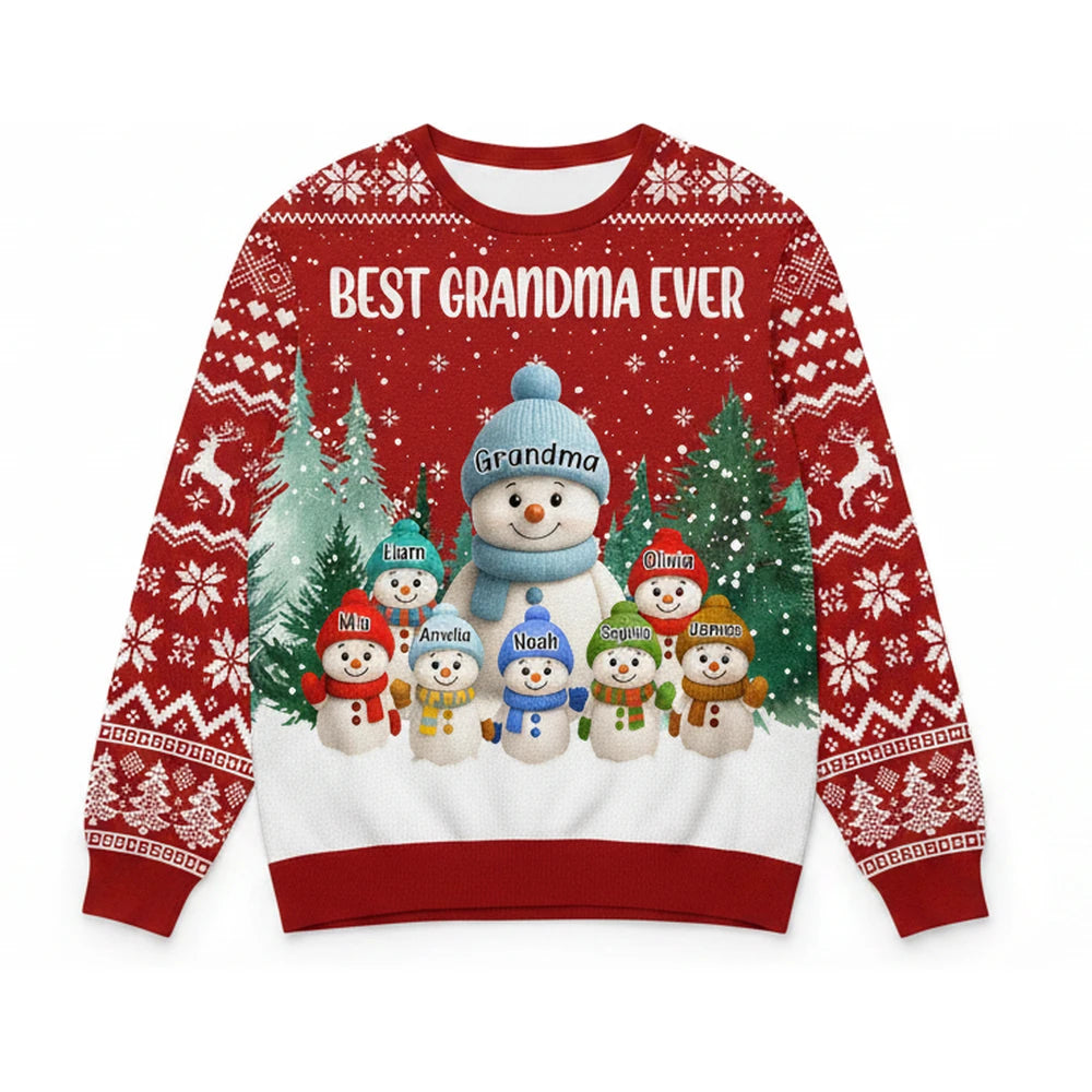 Custom Personalized Best Grandma Ever Snowman Family Christmas Sweater product on white background