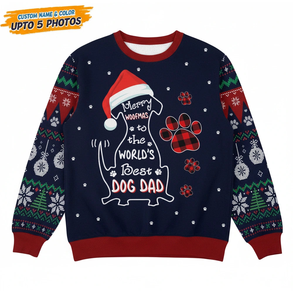 Custom Photo Upload Dog Dad Christmas Sweater with Paw Prints product on white background
