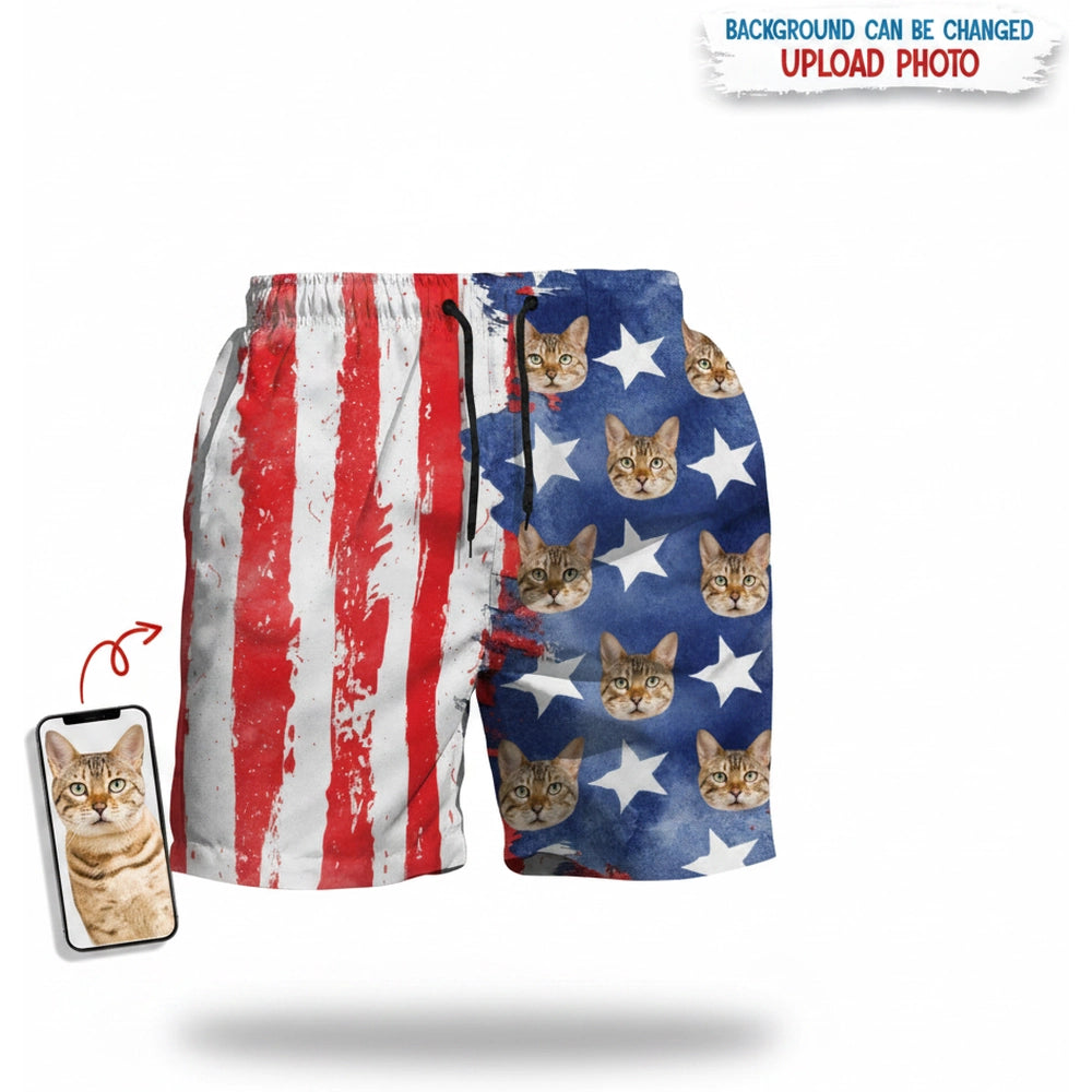 Custom Photo Upload Beach Shorts with American Flag & Stars product on white background