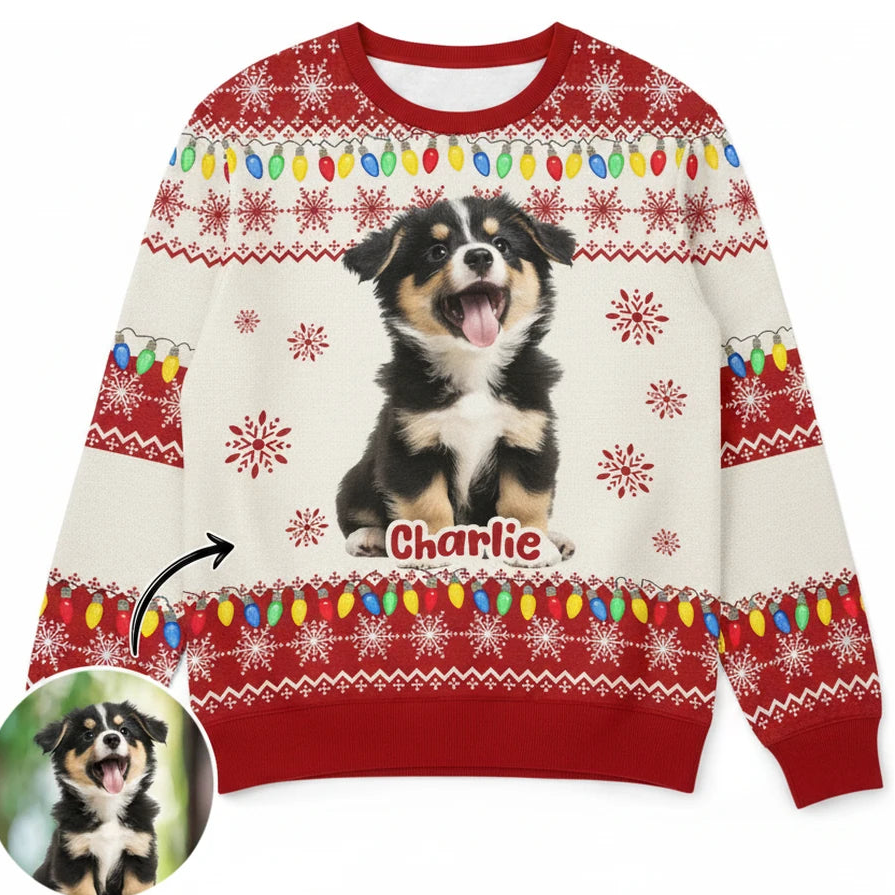 Custom Photo Upload Christmas Sweater with Snowflakes & Lights product on white background