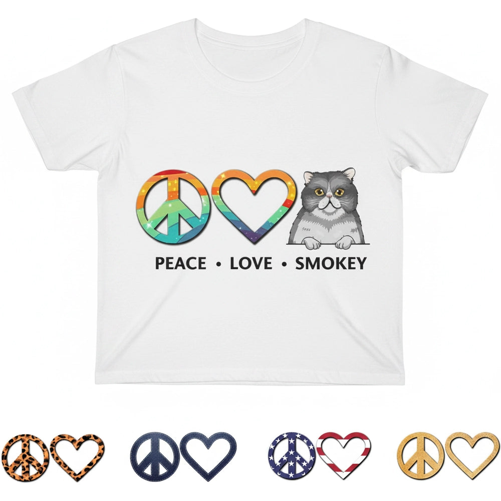 Custom Photo Upload T-Shirt with Peace Love Smokey Cat Graphic product on white background