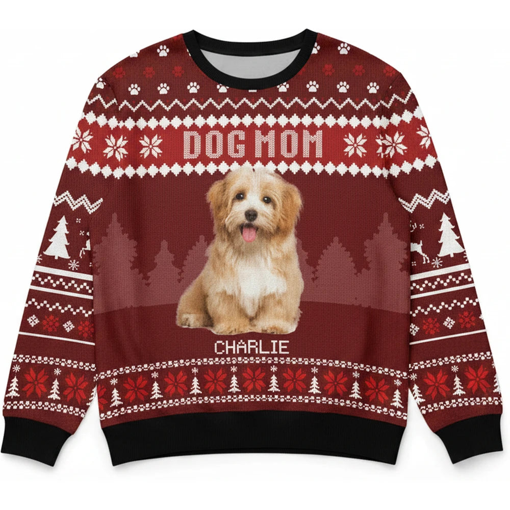 Custom Photo Upload Dog Mom Ugly Christmas Sweater with Paw Prints product on white background