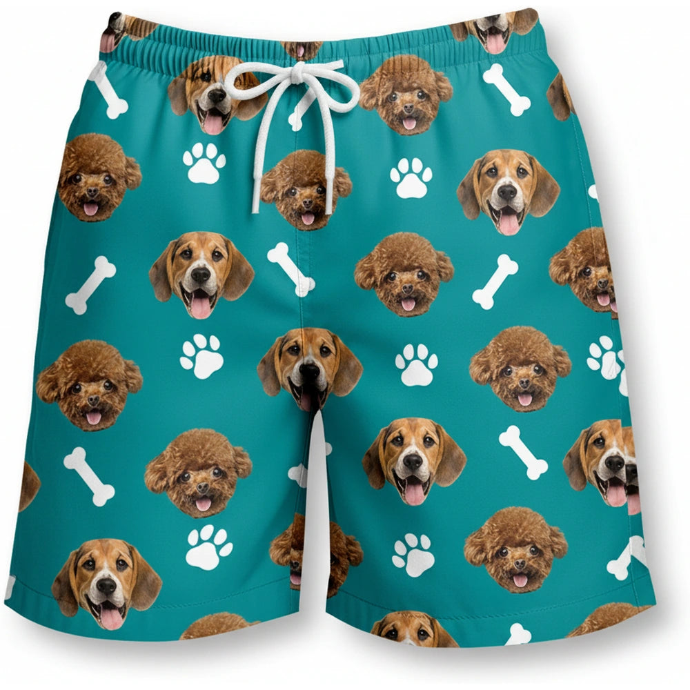 Custom Photo Upload Beach Shorts with Dog Faces & Paw Prints product on white background