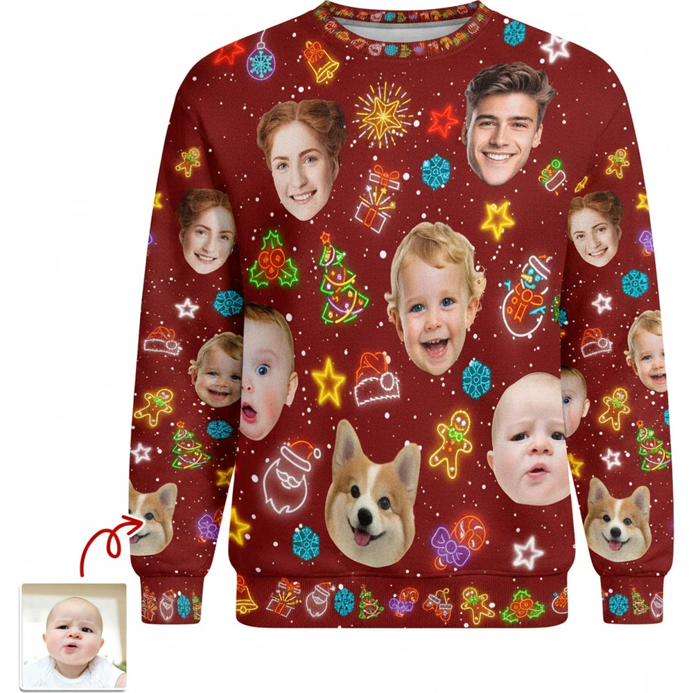 Custom Photo Upload Christmas Sweater with Festive Icons product on white background