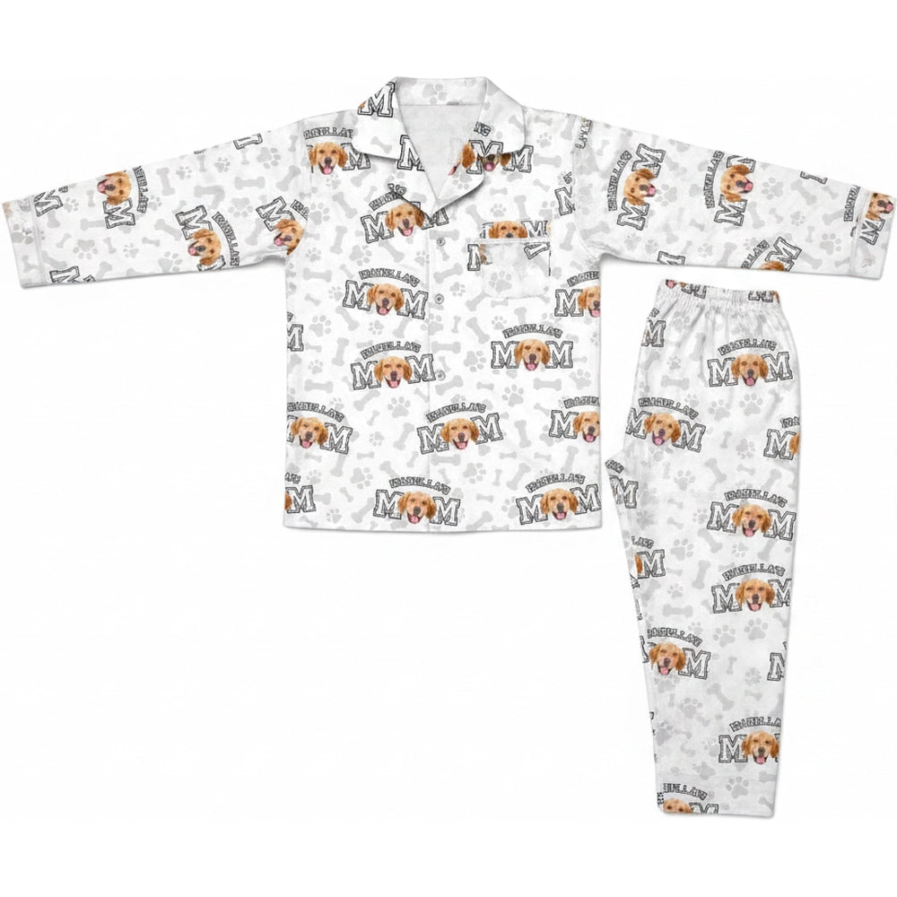 Custom Photo Upload Pajamas with Dog Mom and Paw Print Pattern product on white background