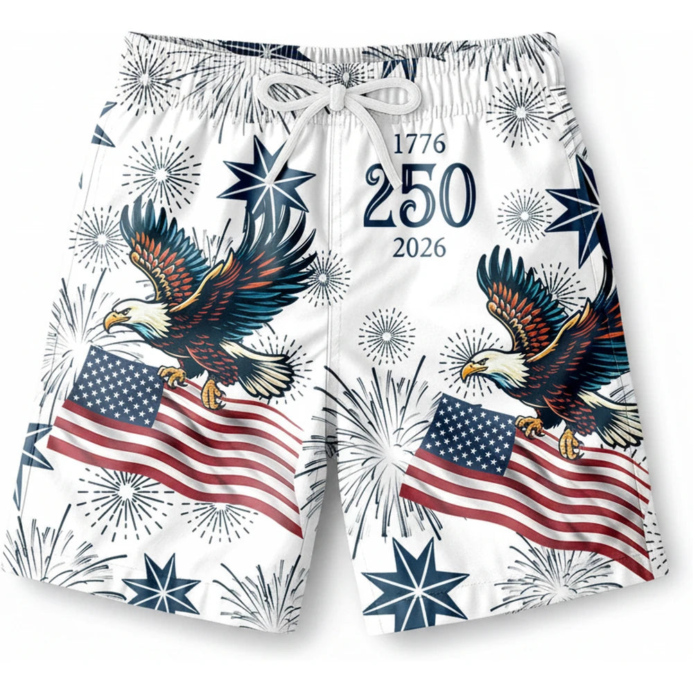 Custom Photo Upload Beach Shorts with Eagle & American Flag Fireworks product on white background