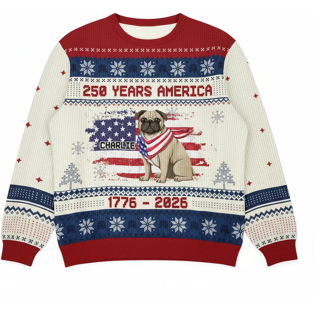 Custom Photo Upload Sweater with Pug and American Flag product on white background