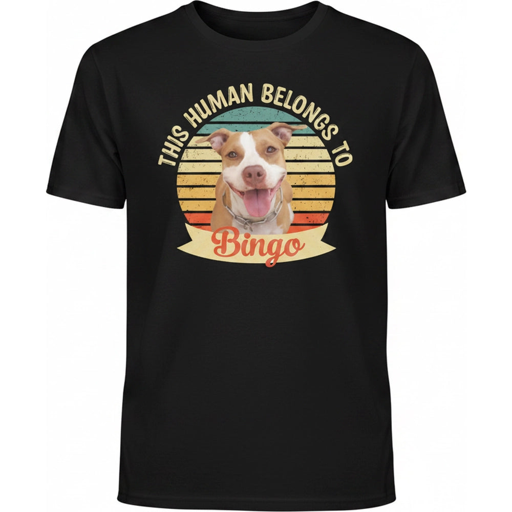 Custom Photo T-Shirt This Human Belongs To with Retro Sunset Circle product on white background
